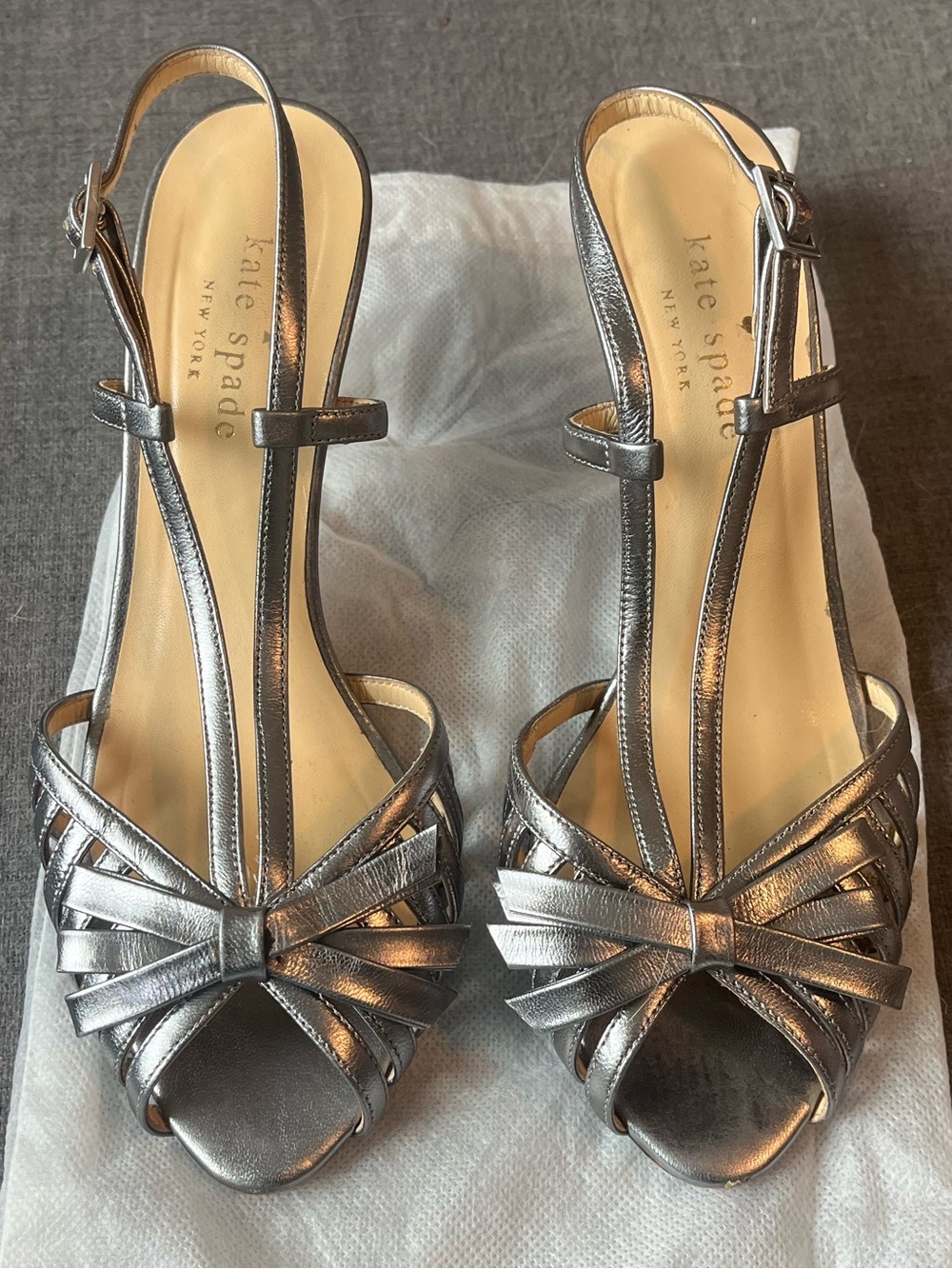 Vintage kate spade Silver T-Strap Bow Peep-Toe Heels